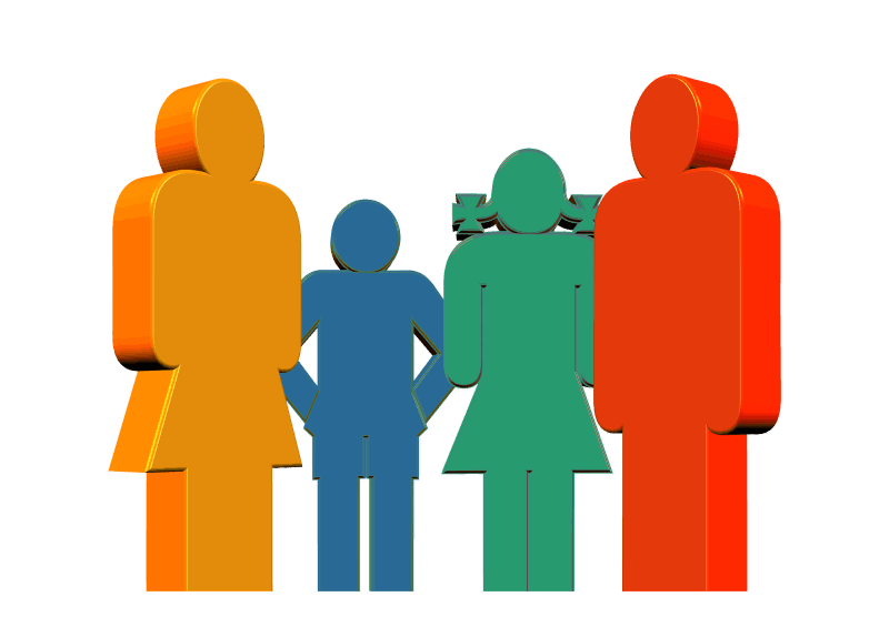 vier Püppchen nebeneinander - Familienaufstellung